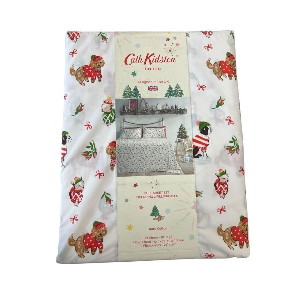 Cath kidston London 4pc FULL Cotton Christmas Puppy Love Pink Sheet Set new